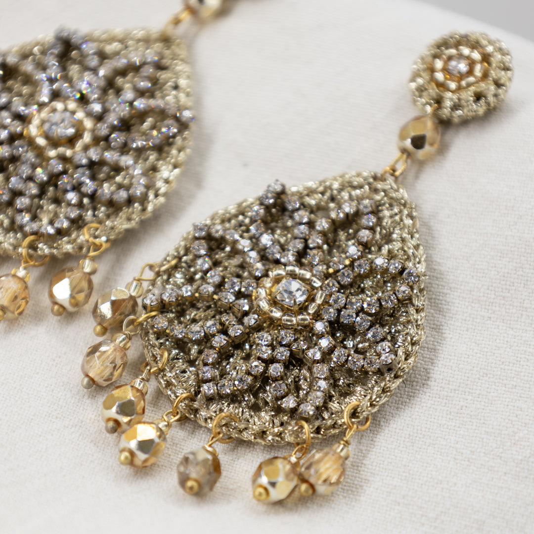 Gold-embroidered-statement-earrings-with-crystals-and-dangling-beads – Marllery-Mode