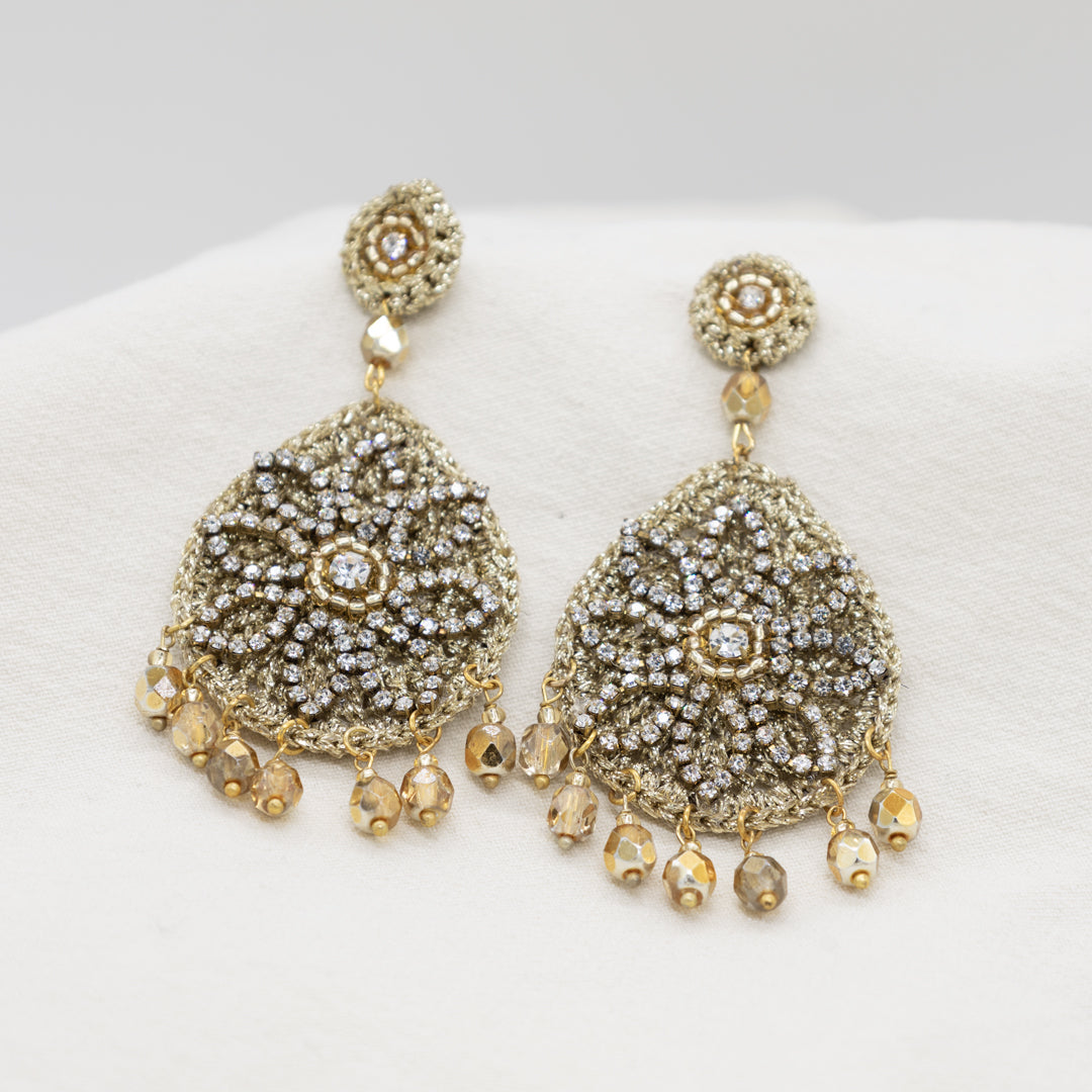 Gold-embroidered-statement-earrings-with-crystals-and-dangling-beads – Marllery-Mode